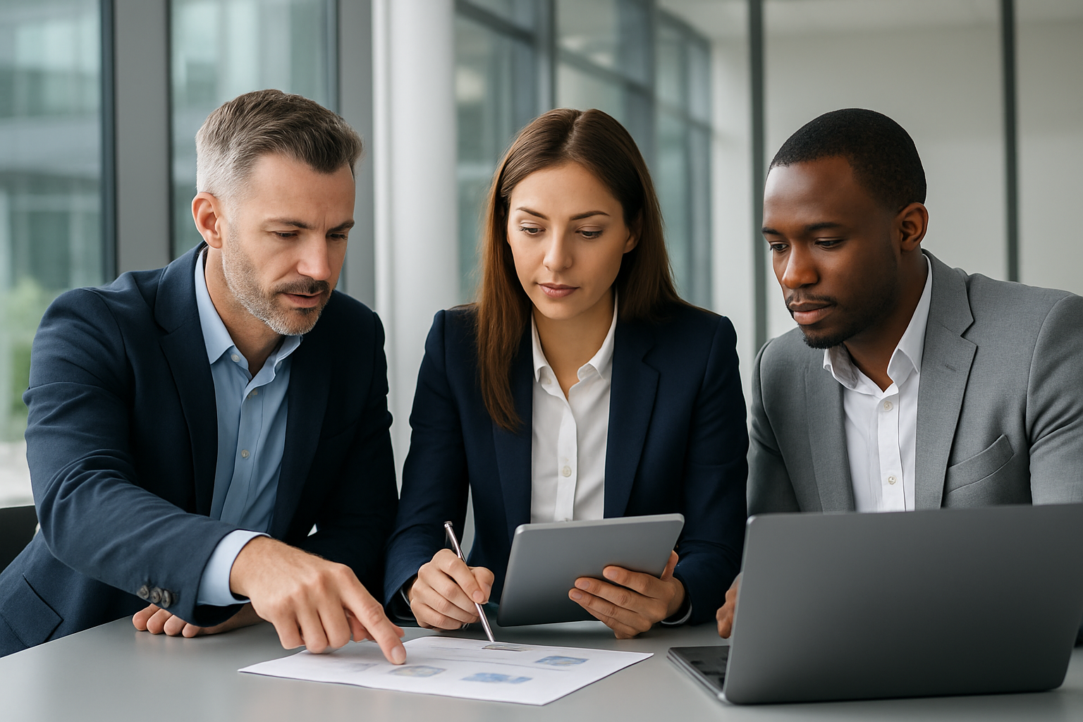 Three business professionals collaborating at a desk with laptops and documents in a modern glass office